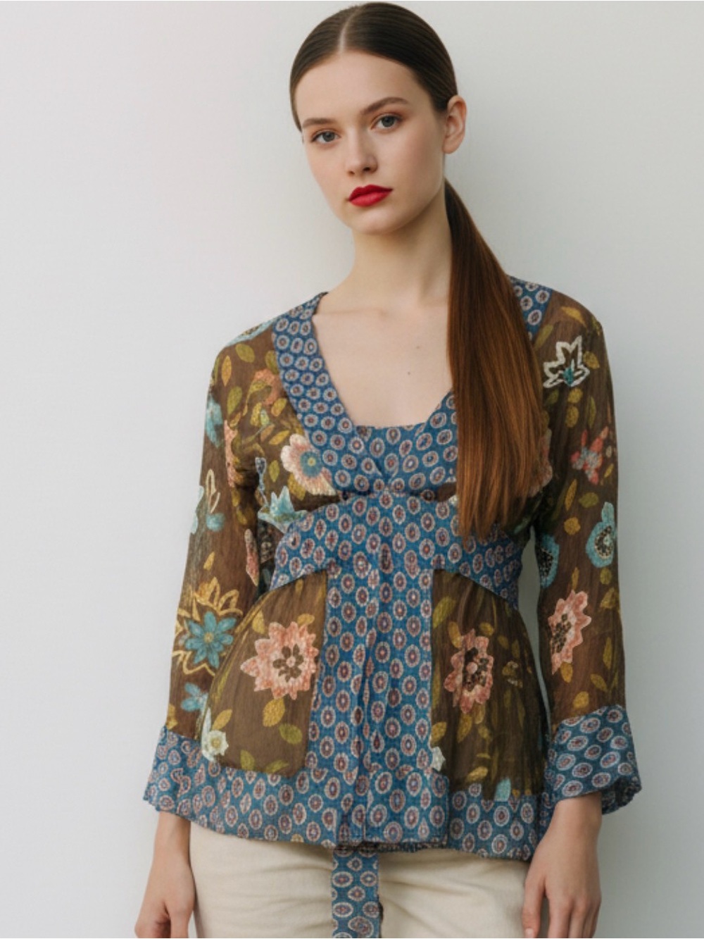 HALE BOB Kimono Blouse. Silk,Empire Waist, Ekegant Trim,Long Sash. Rare. Iconic!